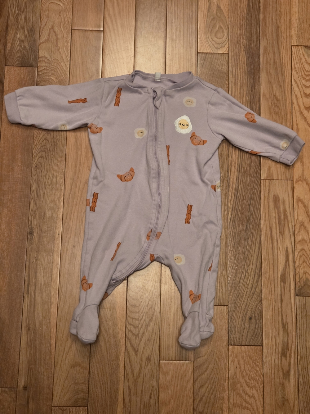 5/$20 Pekkle 3M Lavender Footed One-Piece with Breakfast Bacon And Egg Print